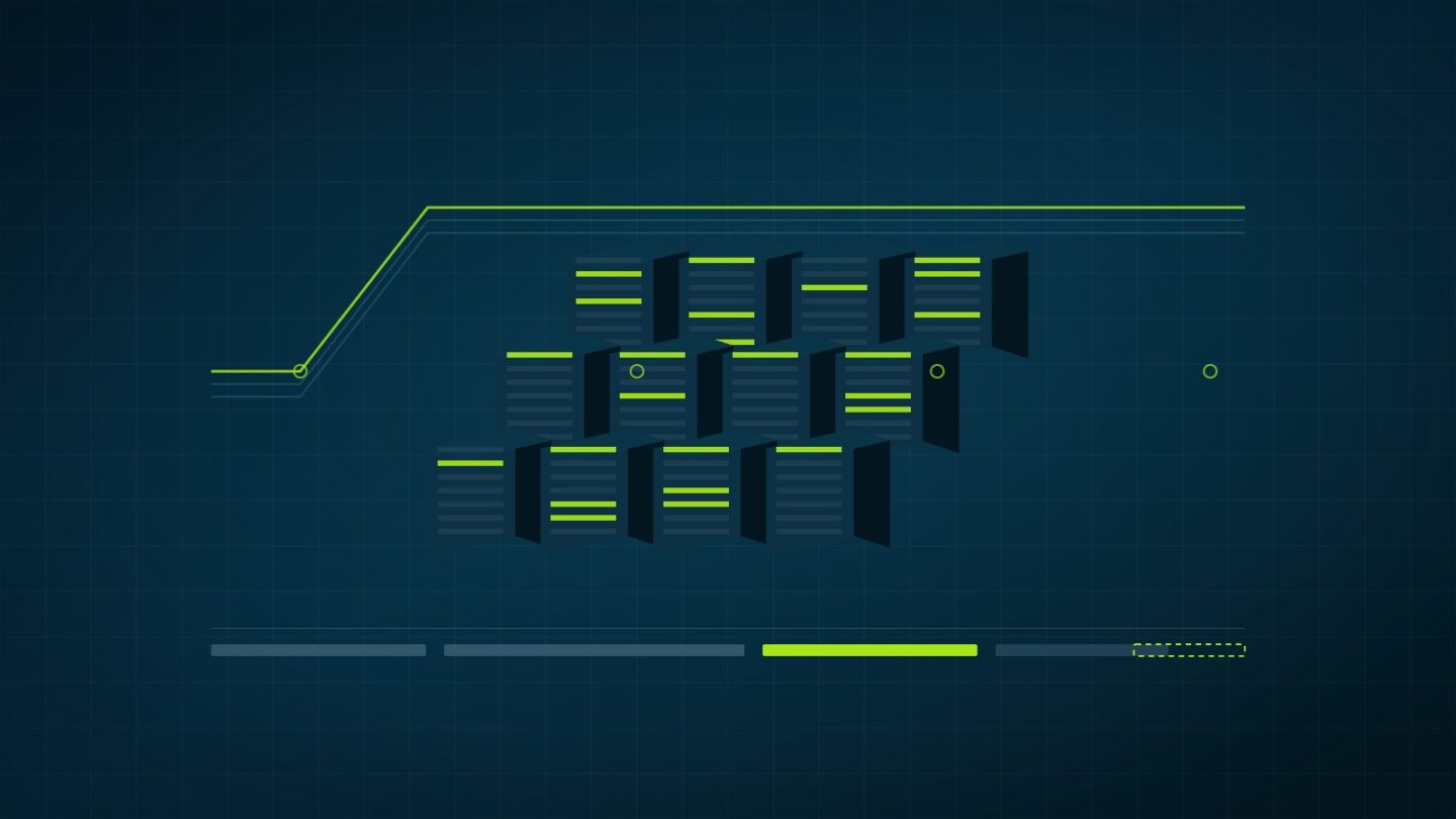 Ilustração técnica de racks de data center com linhas de energia e barra de cronograma